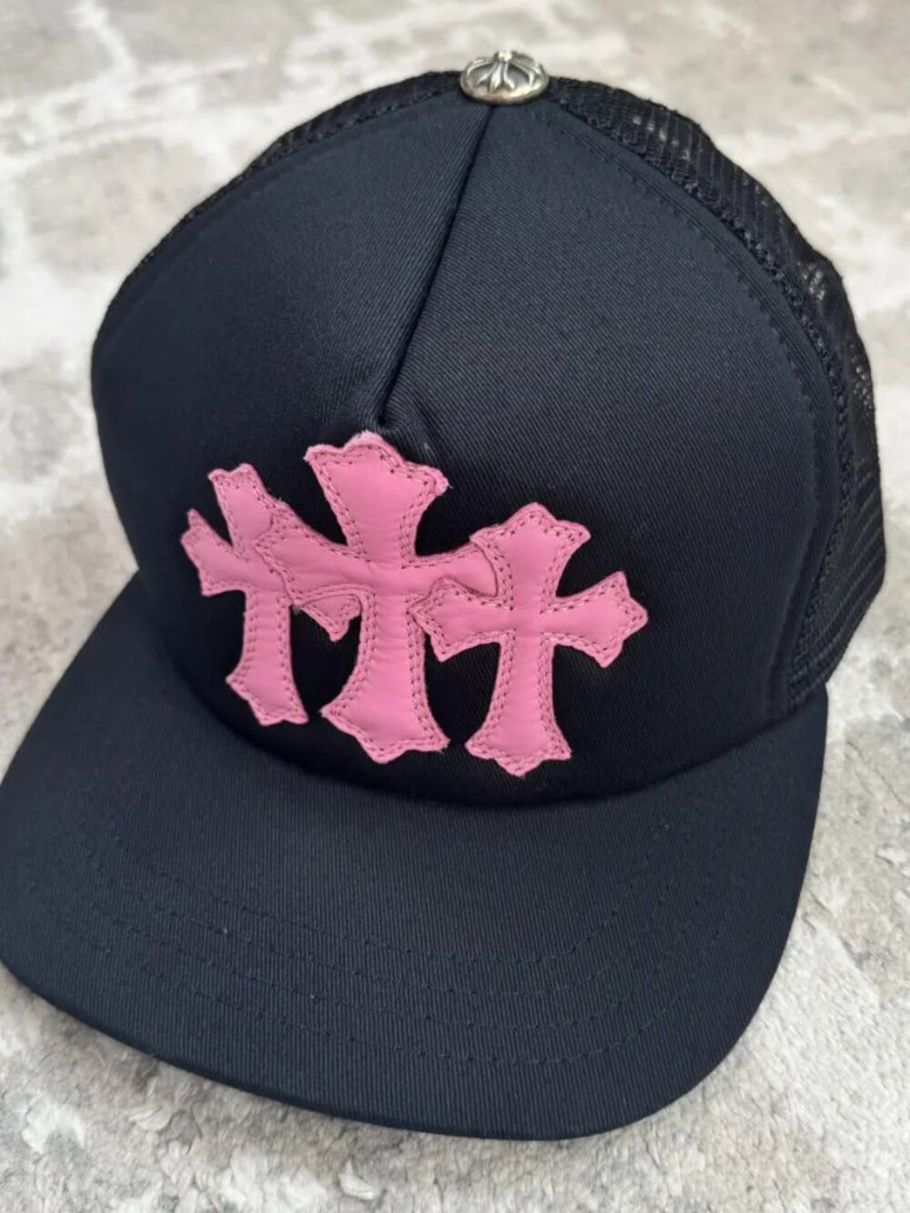Chrome Hearts Cemetery leather triple cross patch trucker hat